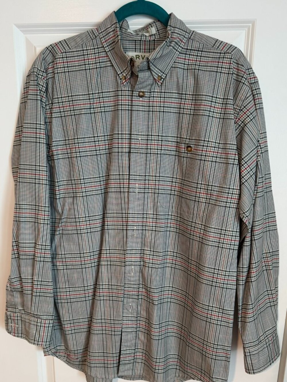 Orvis Men's Medium 100% Cotton Plaid Button Down Shirt Gray Red Blue M